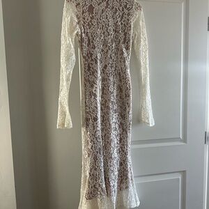 House of CB Cream Sheath Dress with Bell Sleeves and Mock Neck